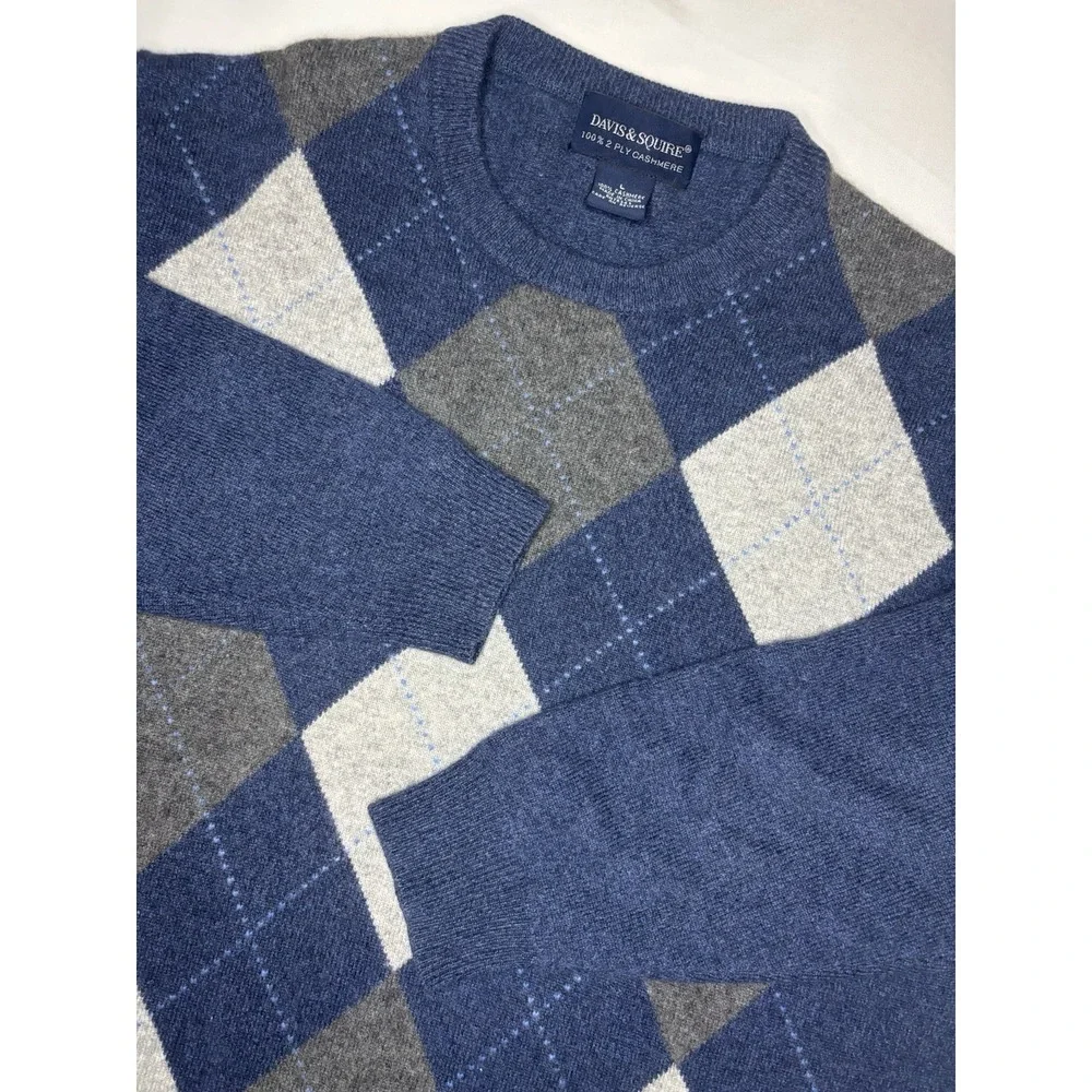 Vintage Davis & Squire 100% 2 Ply Cashmere Crewneck Sweater Men's Large Argyle